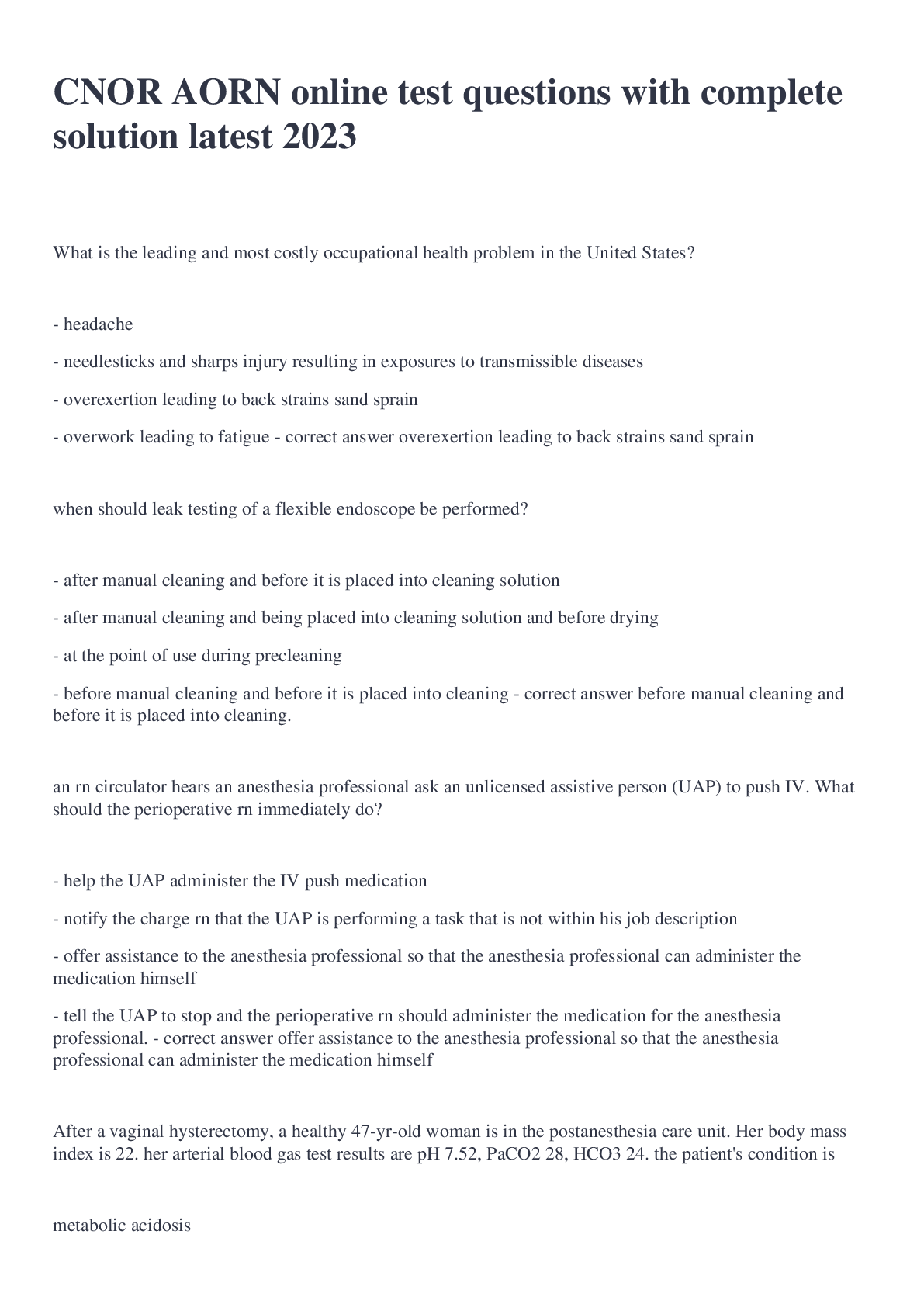 Preview image for CNOR AORN online test questions with complete solution latest 2023